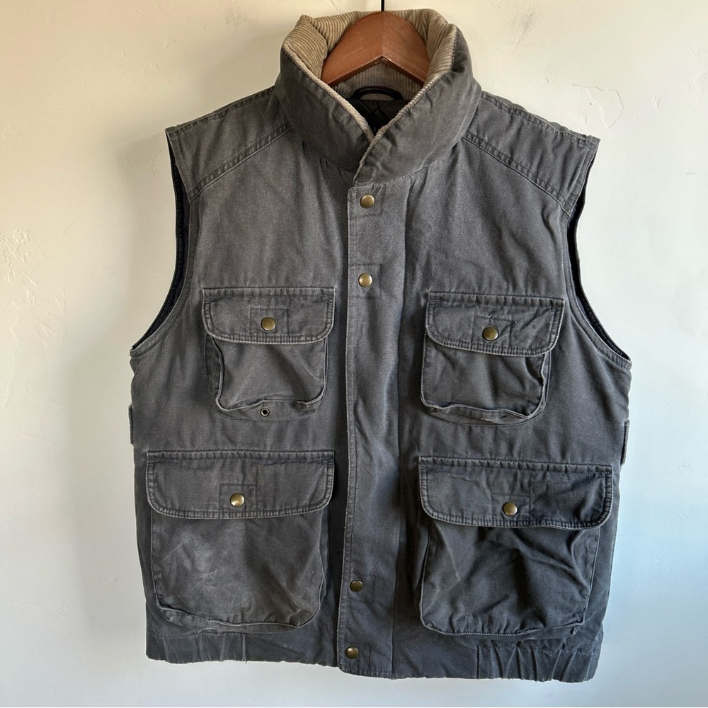 Eddie Bauer Men’s Goose Down Puffer Cargo Safari Vest M Outdoor Heavy Canvas - Picture 3 of 16
